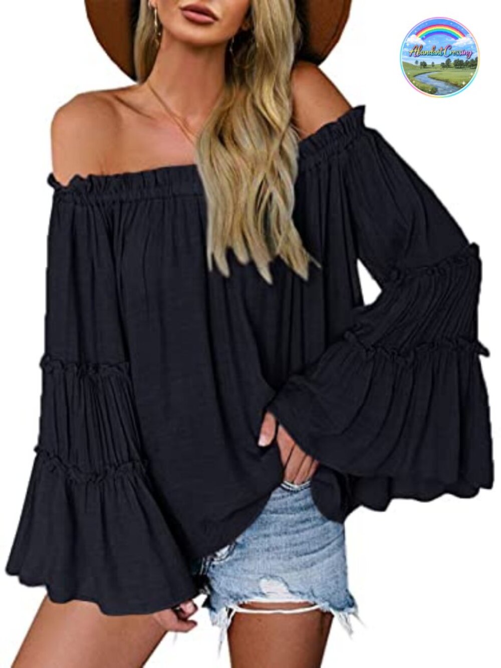 Farktop Women's Off The Shoulder Long Bell Sleeve Peasant Blouse Loose Flared
